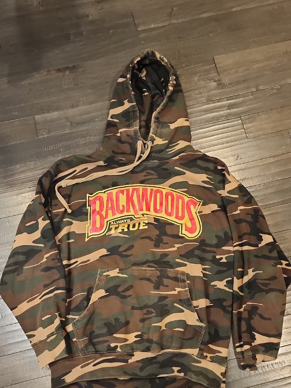 Backwoods Men's Camo Hoodie with Yellow & Red Logo